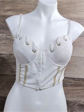 Entry White Textured Bustier Top with Gold Trim